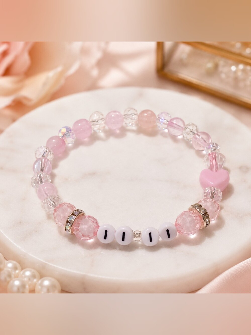 Pretty pink clear crystal stretch bracelet 11:11 angel beads Large 7.5-8" Wrist